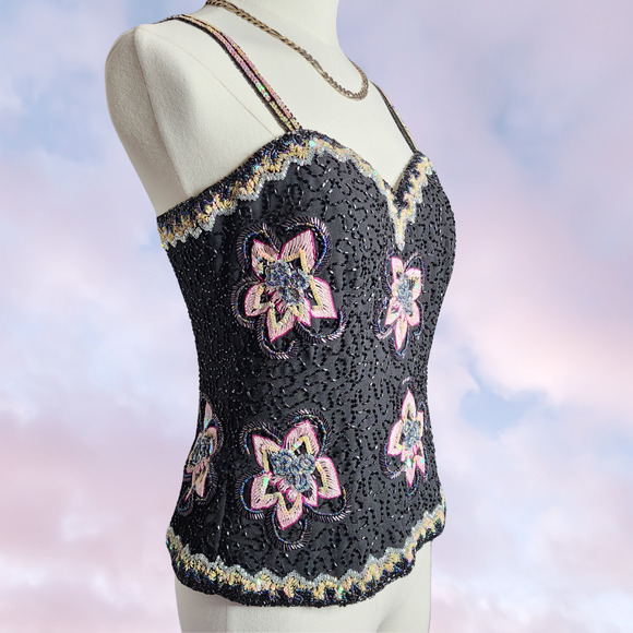Vtg Y2k Beaded Fairy Formal Floral Black Pink Spaghetti Strap Corset Tank Top - Picture 5 of 9
